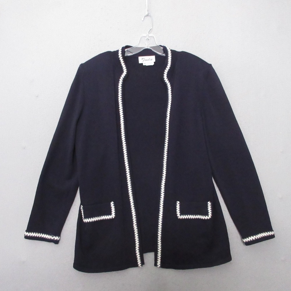 Toula Sweater Cardigan 14 Navy Blue‎ Knit Vintage Wool Open Front Made in USA